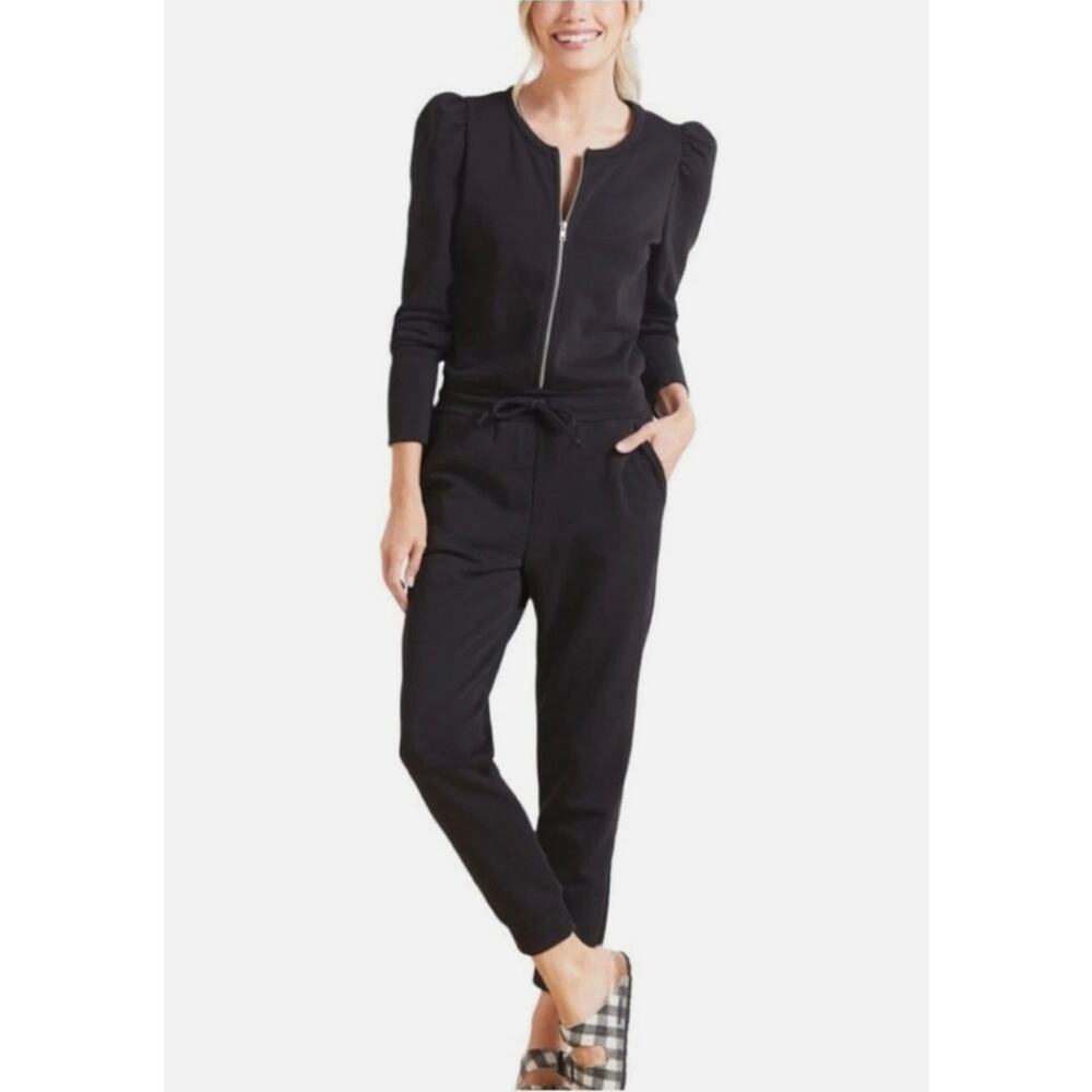 Chaser Black Puff Sleeve Sweatsuit Jogger Jumpsuit Womens L NWT Chic